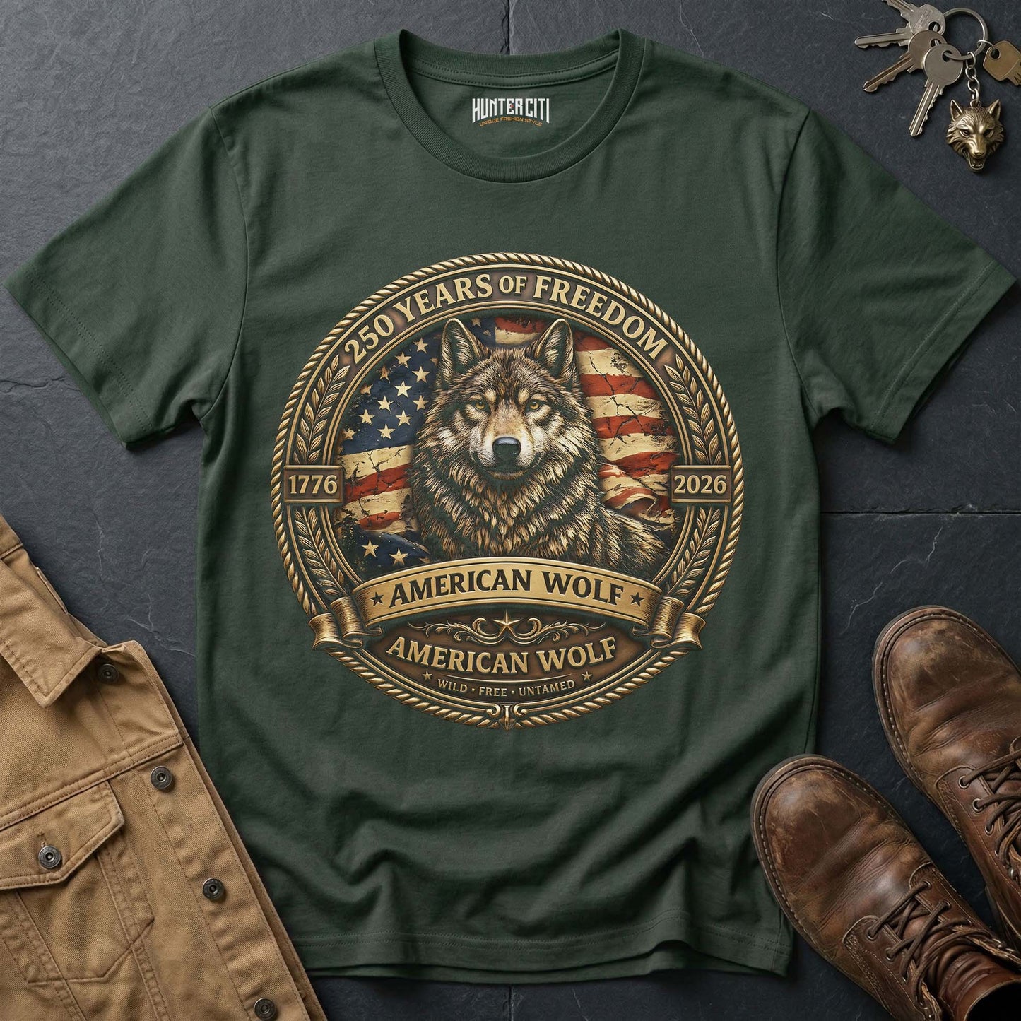 250 Years of Freedom American Wolf Badge T-Shirt - 1776 2026 Premium Gold Wolf Wild Free Untamed Anniversary USA Gift