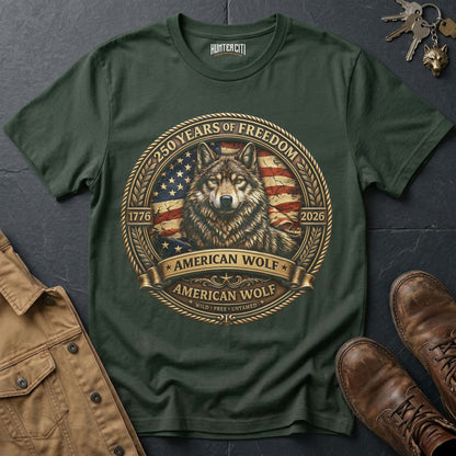250 Years of Freedom American Wolf Badge T-Shirt - 1776 2026 Premium Gold Wolf Wild Free Untamed Anniversary USA Gift