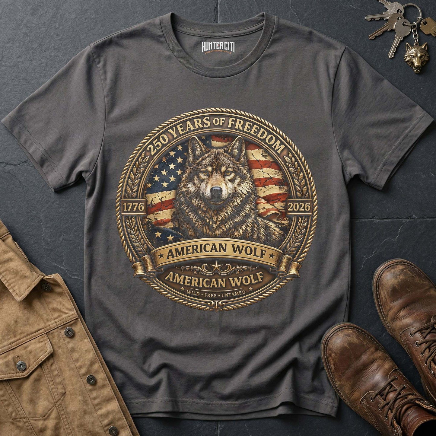 250 Years of Freedom American Wolf Badge T-Shirt - 1776 2026 Premium Gold Wolf Wild Free Untamed Anniversary USA Gift