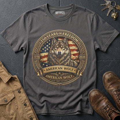 250 Years of Freedom American Wolf Badge T-Shirt - 1776 2026 Premium Gold Wolf Wild Free Untamed Anniversary USA Gift