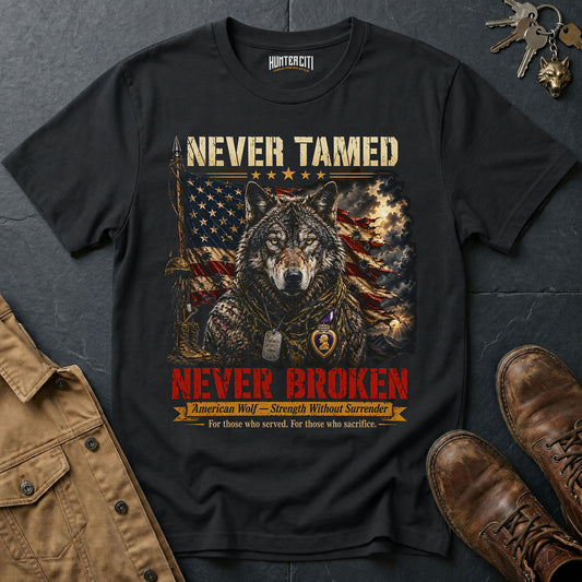 Never Tamed Never Broken T-Shirt American Wolf Veteran Patriotic Purple Heart Graphic Tee Gift for Him