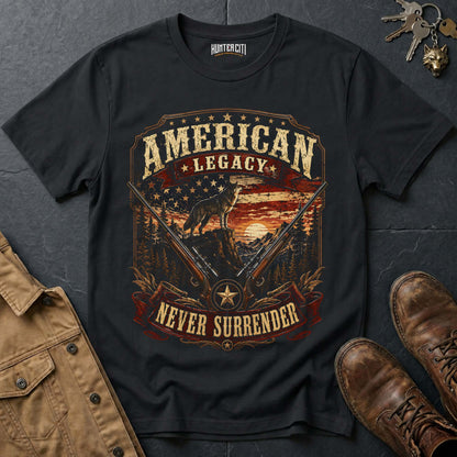 American Legacy Never Surrender Wolf Graphic Tee – Patriotic American T-Shirt
