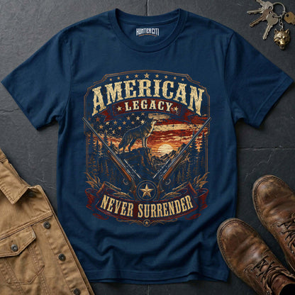 American Legacy Never Surrender Wolf Graphic Tee – Patriotic American T-Shirt