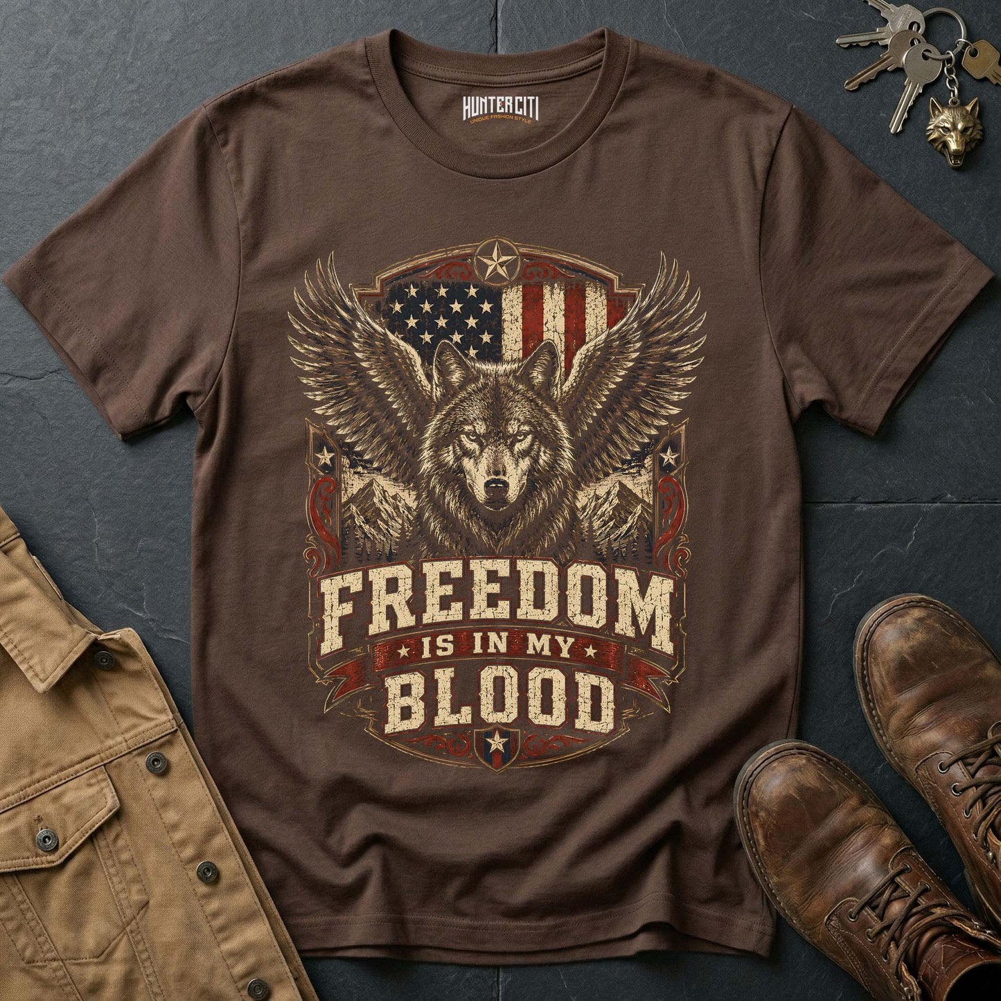 Freedom Is In My Blood Wolf Graphic Tee – Patriotic American T-Shirt