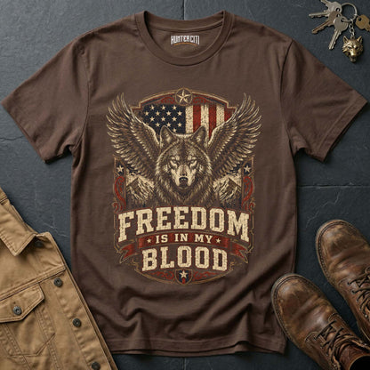 Freedom Is In My Blood Wolf Graphic Tee – Patriotic American T-Shirt
