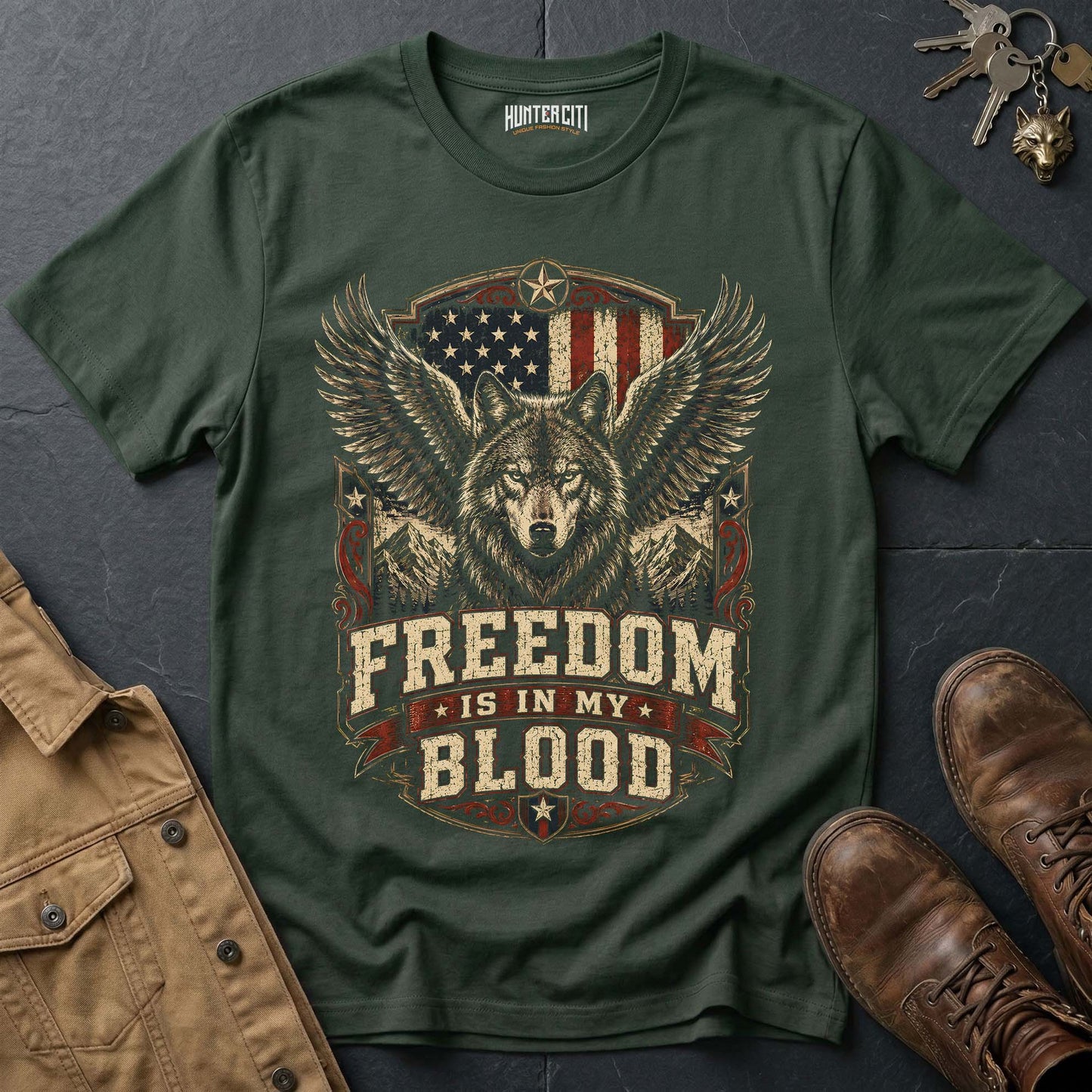 Freedom Is In My Blood Wolf Graphic Tee – Patriotic American T-Shirt