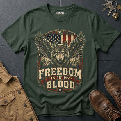 Freedom Is In My Blood Wolf Graphic Tee – Patriotic American T-Shirt
