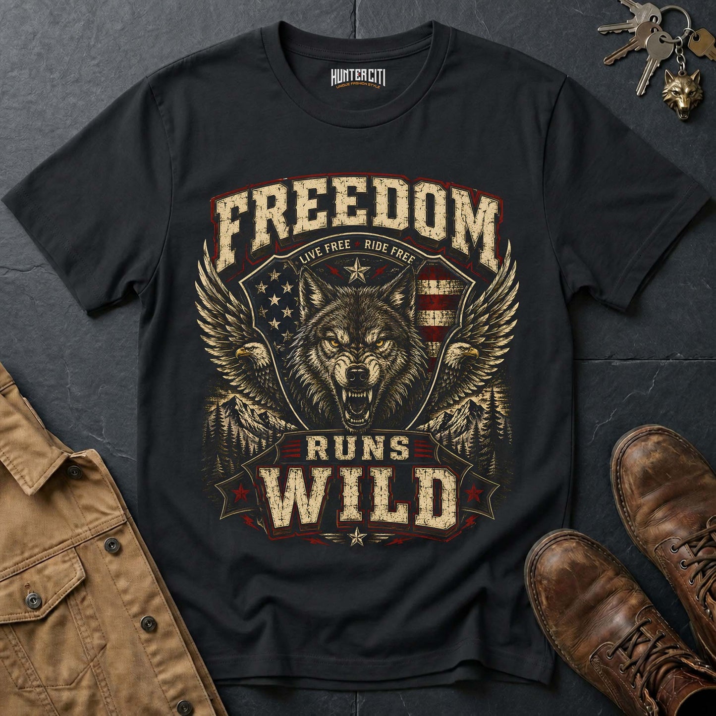 Live Free Ride Free Runs Wild Wolf Graphic Tee – Patriotic American T-Shirt