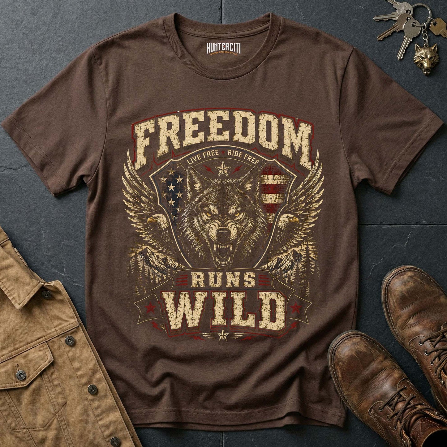 Live Free Ride Free Runs Wild Wolf Graphic Tee – Patriotic American T-Shirt