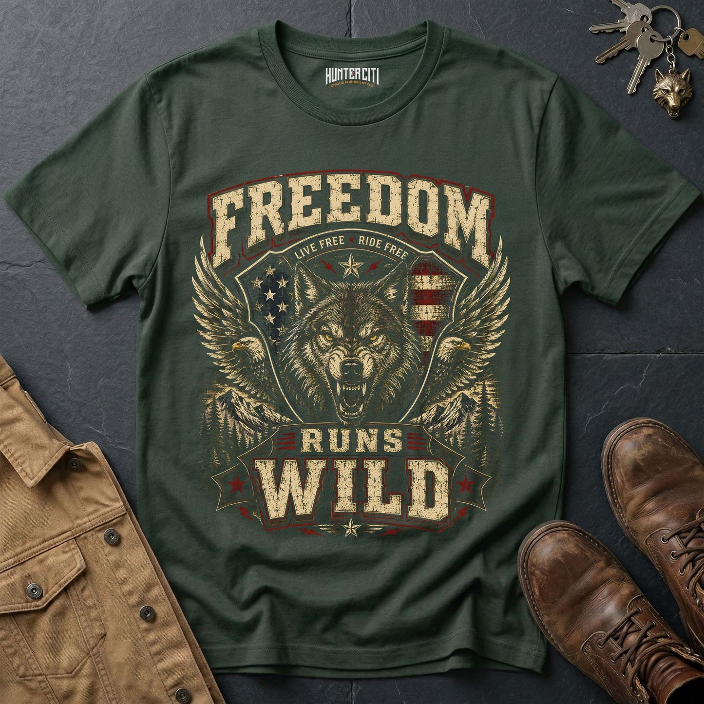 Live Free Ride Free Runs Wild Wolf Graphic Tee – Patriotic American T-Shirt