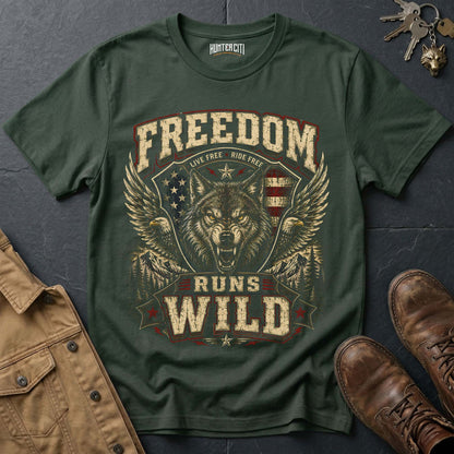 Live Free Ride Free Runs Wild Wolf Graphic Tee – Patriotic American T-Shirt