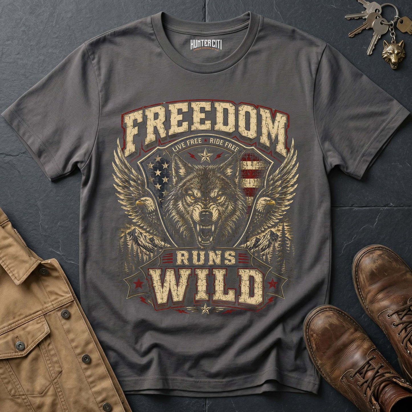 Live Free Ride Free Runs Wild Wolf Graphic Tee – Patriotic American T-Shirt