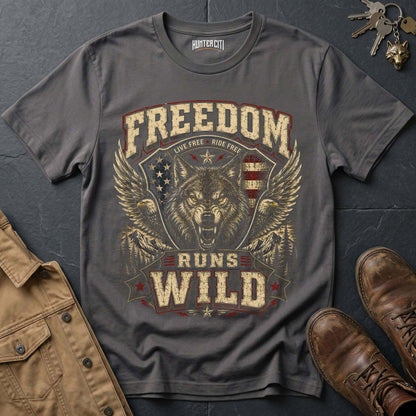 Live Free Ride Free Runs Wild Wolf Graphic Tee – Patriotic American T-Shirt