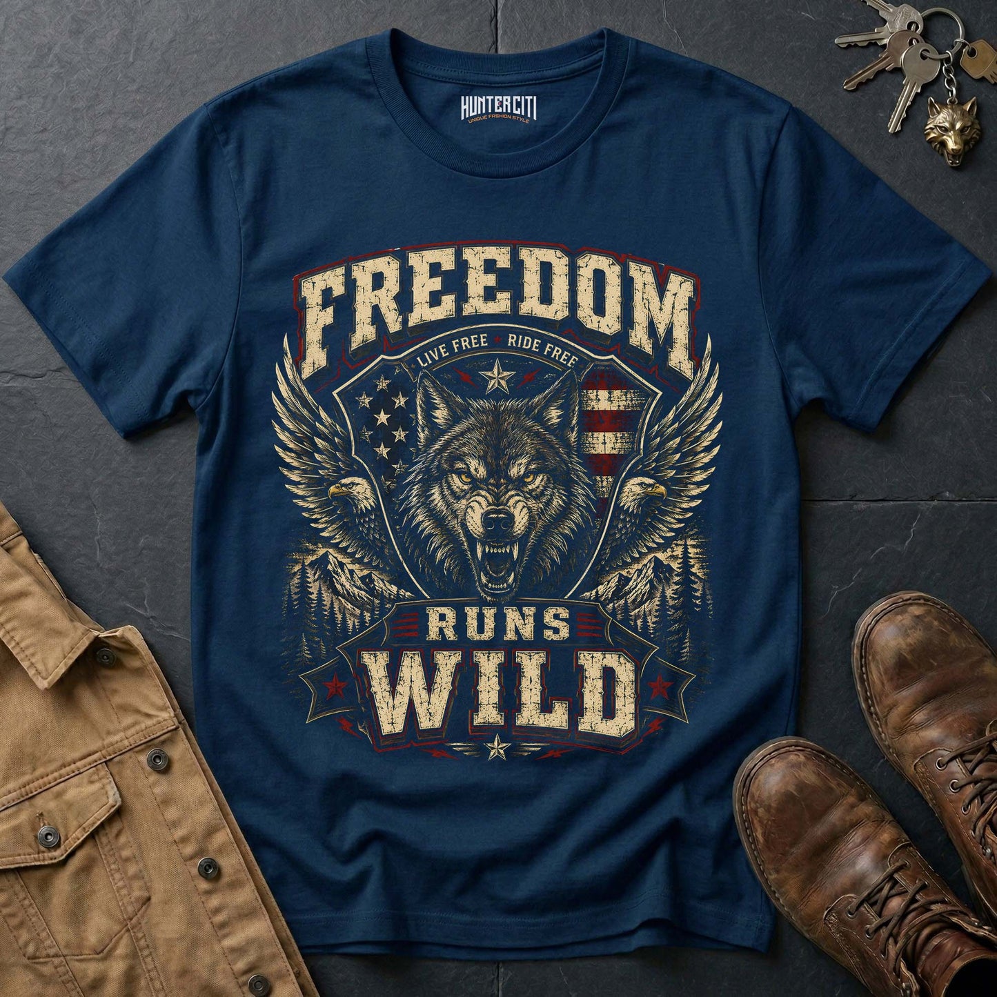 Live Free Ride Free Runs Wild Wolf Graphic Tee – Patriotic American T-Shirt