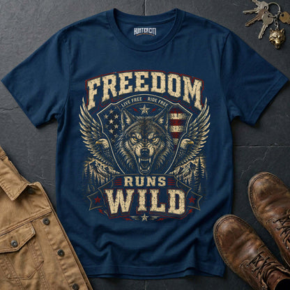 Live Free Ride Free Runs Wild Wolf Graphic Tee – Patriotic American T-Shirt