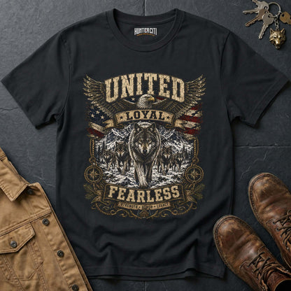 United Loyal Fearless Strength Honor Legacy Wolf Graphic Tee – Patriotic American T-Shirt
