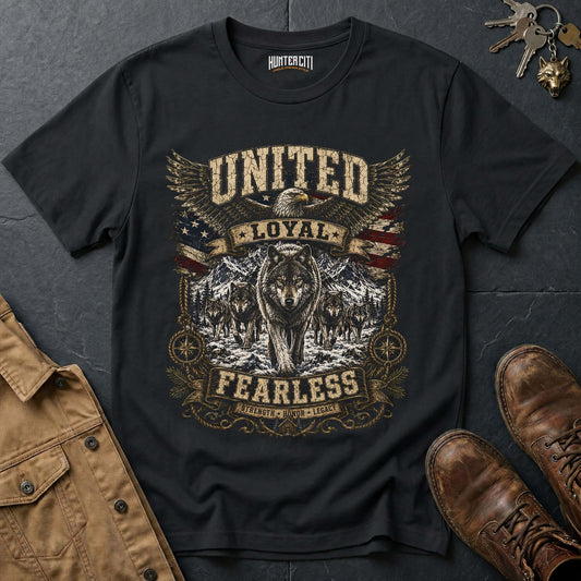 United Loyal Fearless Strength Honor Legacy Wolf Graphic Tee – Patriotic American T-Shirt