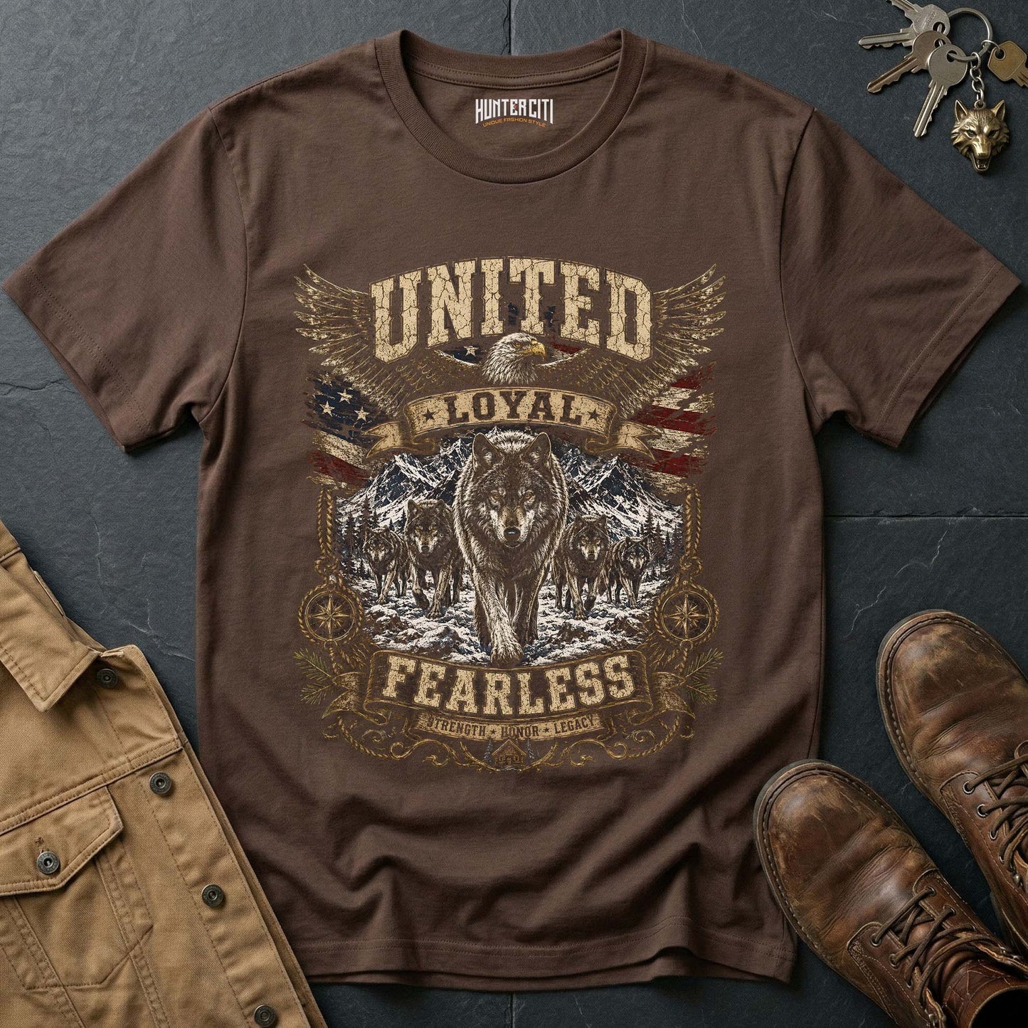 United Loyal Fearless Strength Honor Legacy Wolf Graphic Tee – Patriotic American T-Shirt
