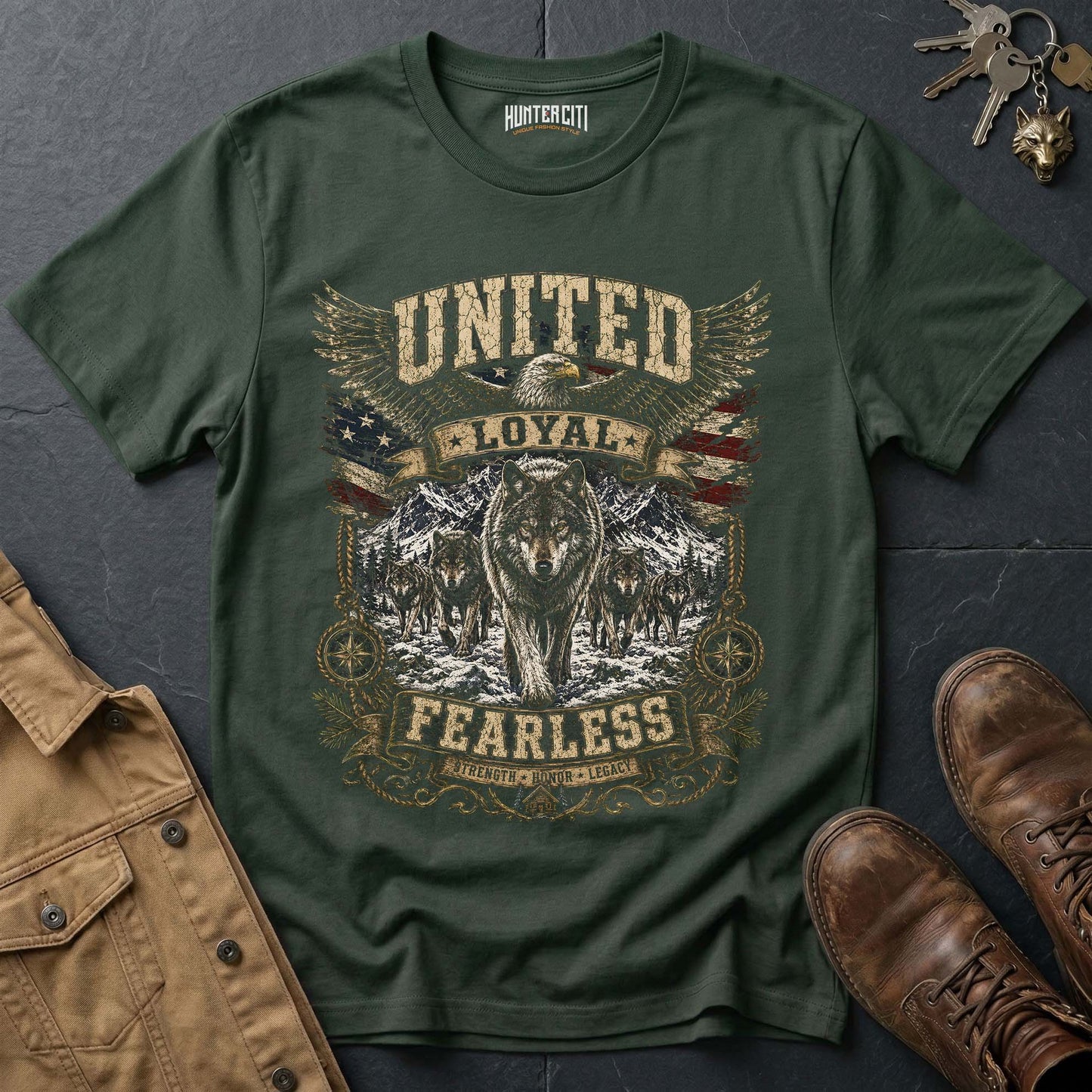 United Loyal Fearless Strength Honor Legacy Wolf Graphic Tee – Patriotic American T-Shirt