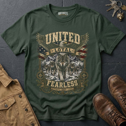 United Loyal Fearless Strength Honor Legacy Wolf Graphic Tee – Patriotic American T-Shirt