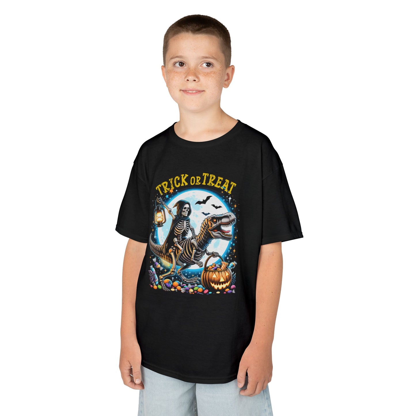 Skeleton Riding Mummy Dinosaur T Rex Halloween Funny Pumpkin Kids T-Shirt - Cute Dinosaur Skeleton Halloween Shirt for Boys & Girls