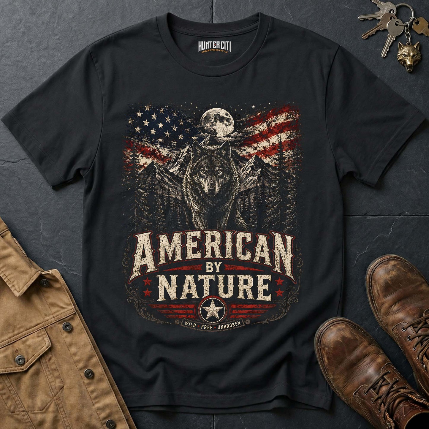 American by Nature Wild Free Unbroken Wolf Graphic Tee – Patriotic American T-Shirt