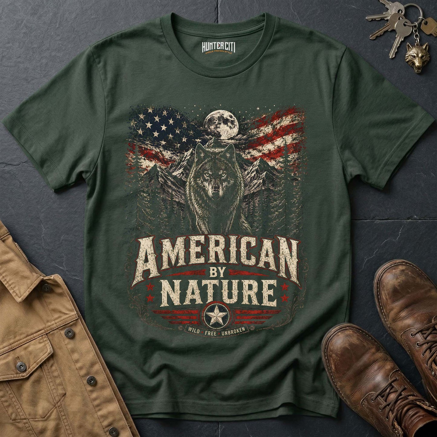 American by Nature Wild Free Unbroken Wolf Graphic Tee – Patriotic American T-Shirt