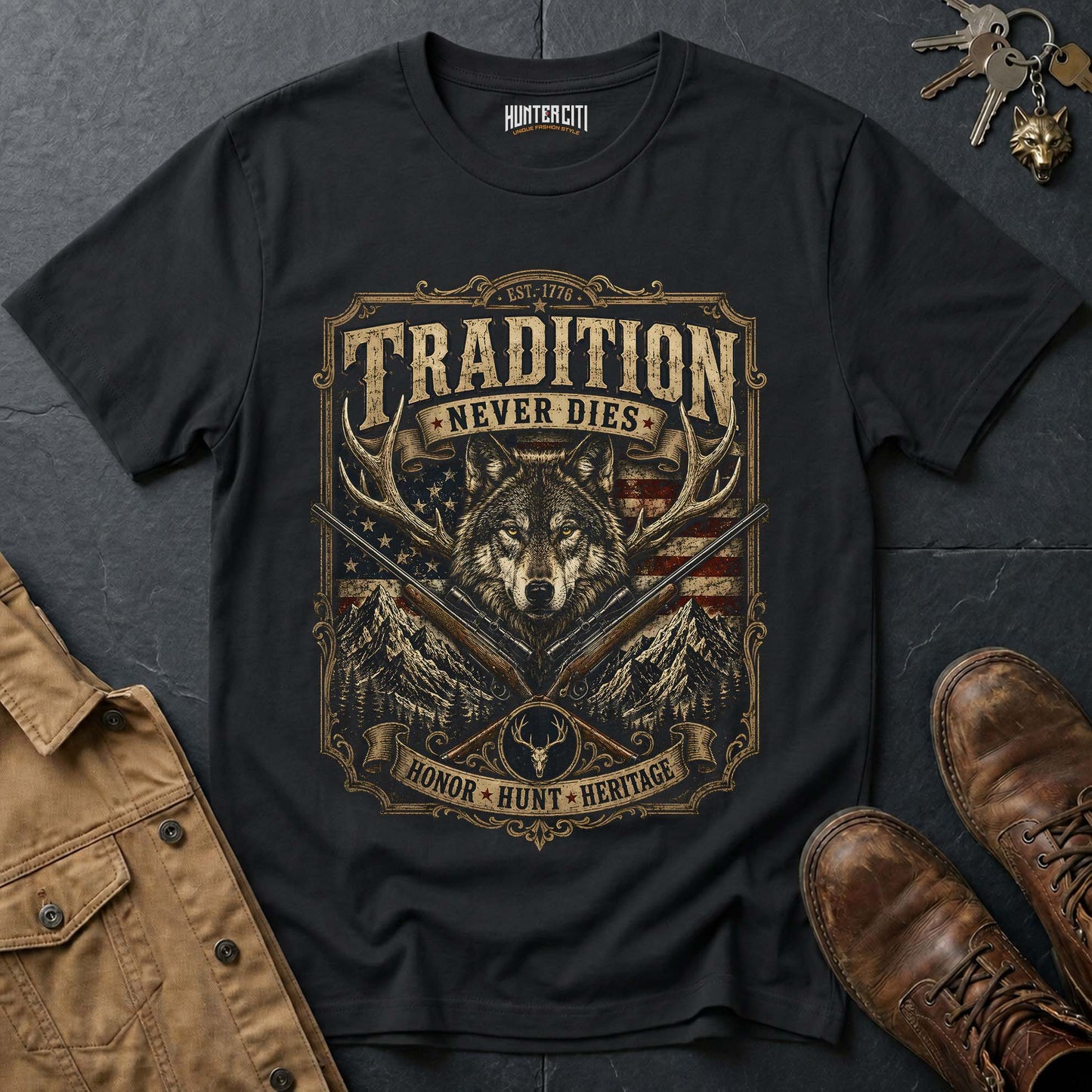 Tradition Never Dies Honor Hunt Heritage Wolf Graphic Tee – Patriotic American T-Shirt