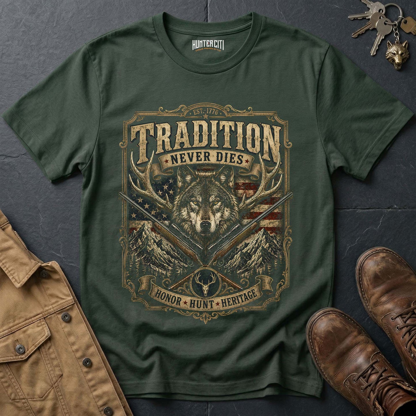 Tradition Never Dies Honor Hunt Heritage Wolf Graphic Tee – Patriotic American T-Shirt