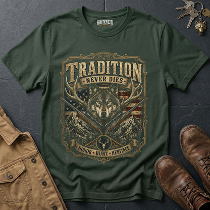 Tradition Never Dies Honor Hunt Heritage Wolf Graphic Tee – Patriotic American T-Shirt