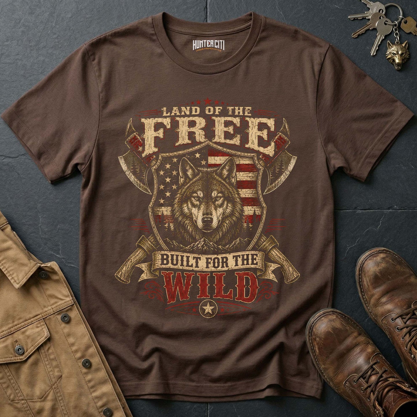 Land of the Free Built for the Wild Wolf Graphic Tee – Patriotic American T-Shirt