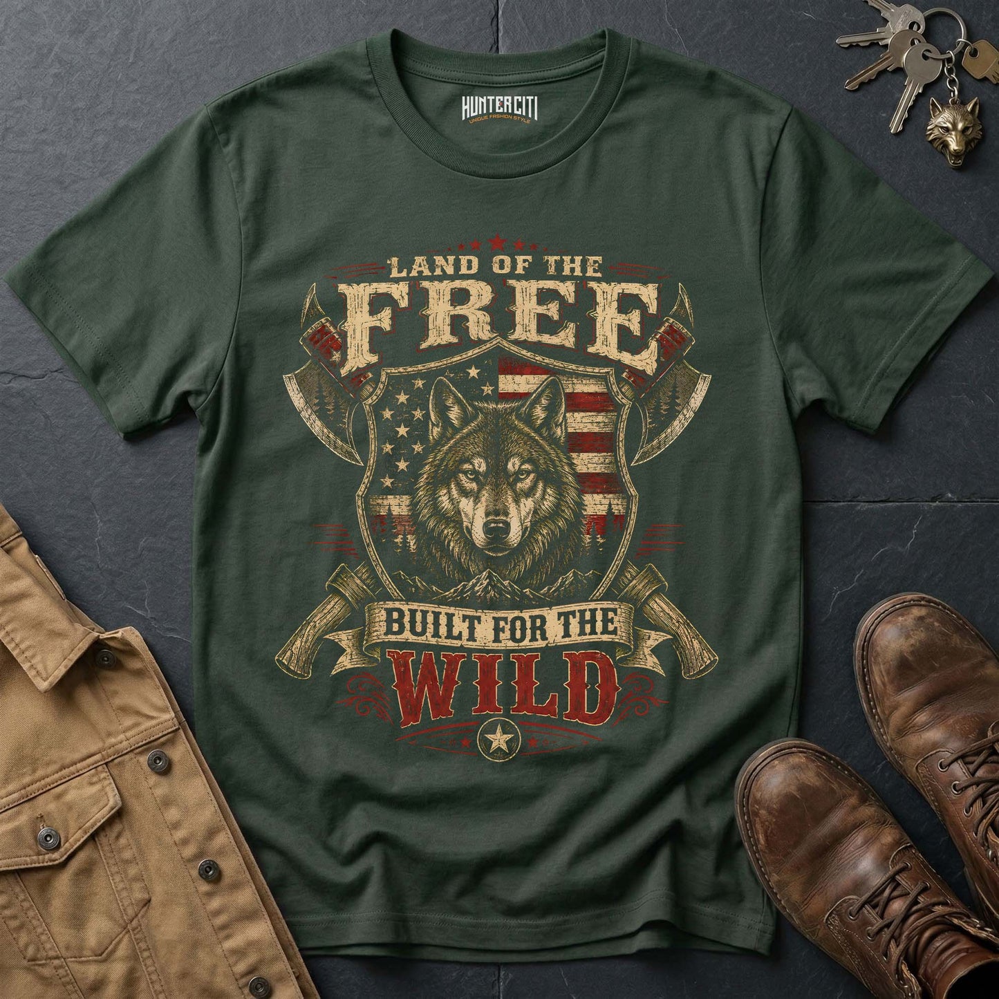 Land of the Free Built for the Wild Wolf Graphic Tee – Patriotic American T-Shirt