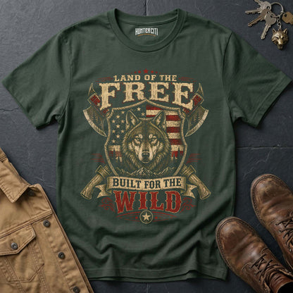 Land of the Free Built for the Wild Wolf Graphic Tee – Patriotic American T-Shirt