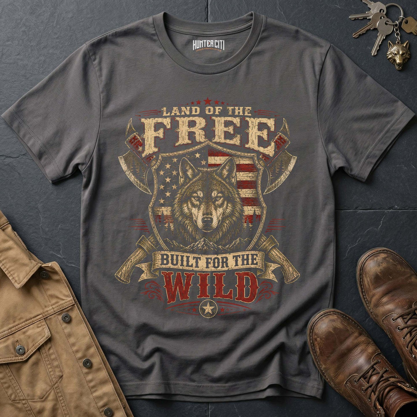 Land of the Free Built for the Wild Wolf Graphic Tee – Patriotic American T-Shirt