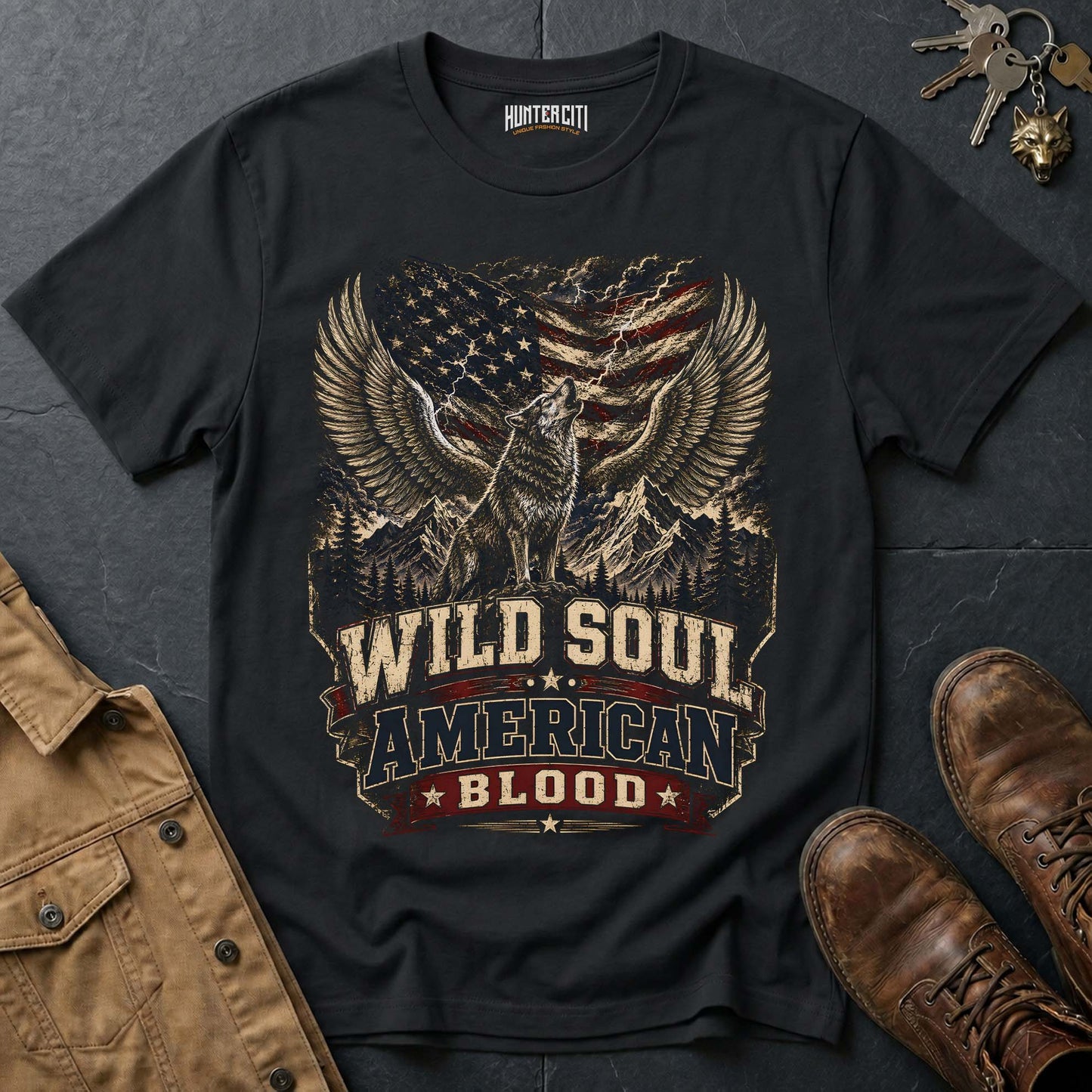 Wild Soul American Blood Wolf Graphic Tee – Patriotic American T-Shirt