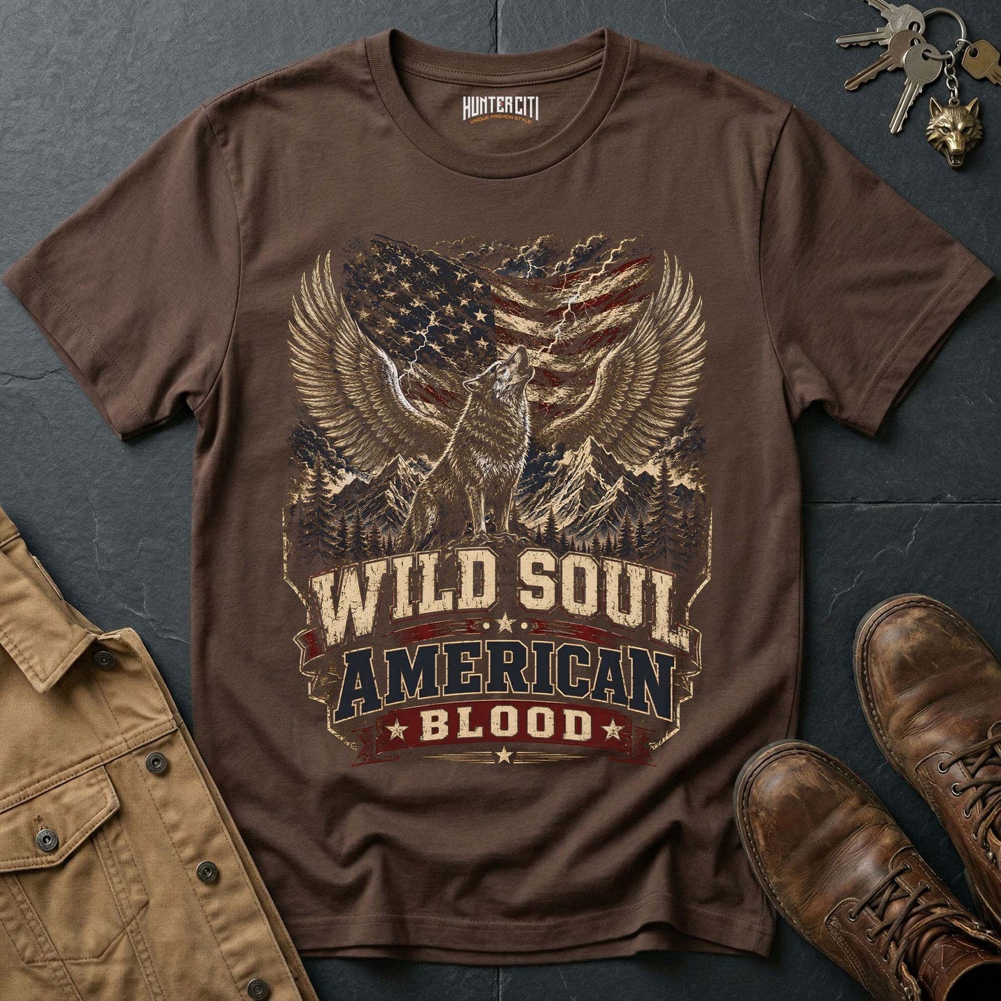 Wild Soul American Blood Wolf Graphic Tee – Patriotic American T-Shirt