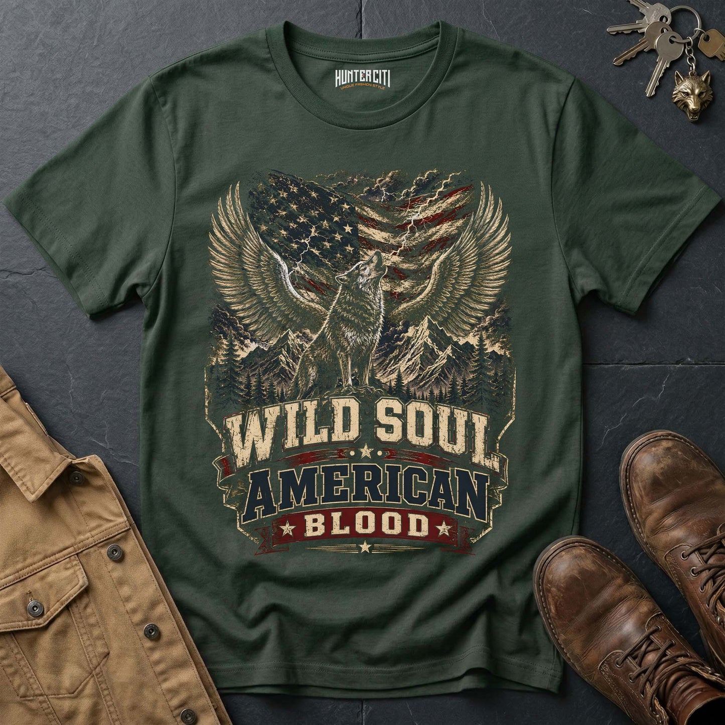Wild Soul American Blood Wolf Graphic Tee – Patriotic American T-Shirt