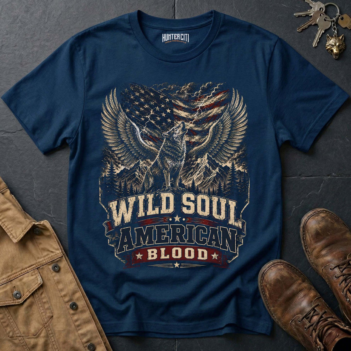 Wild Soul American Blood Wolf Graphic Tee – Patriotic American T-Shirt