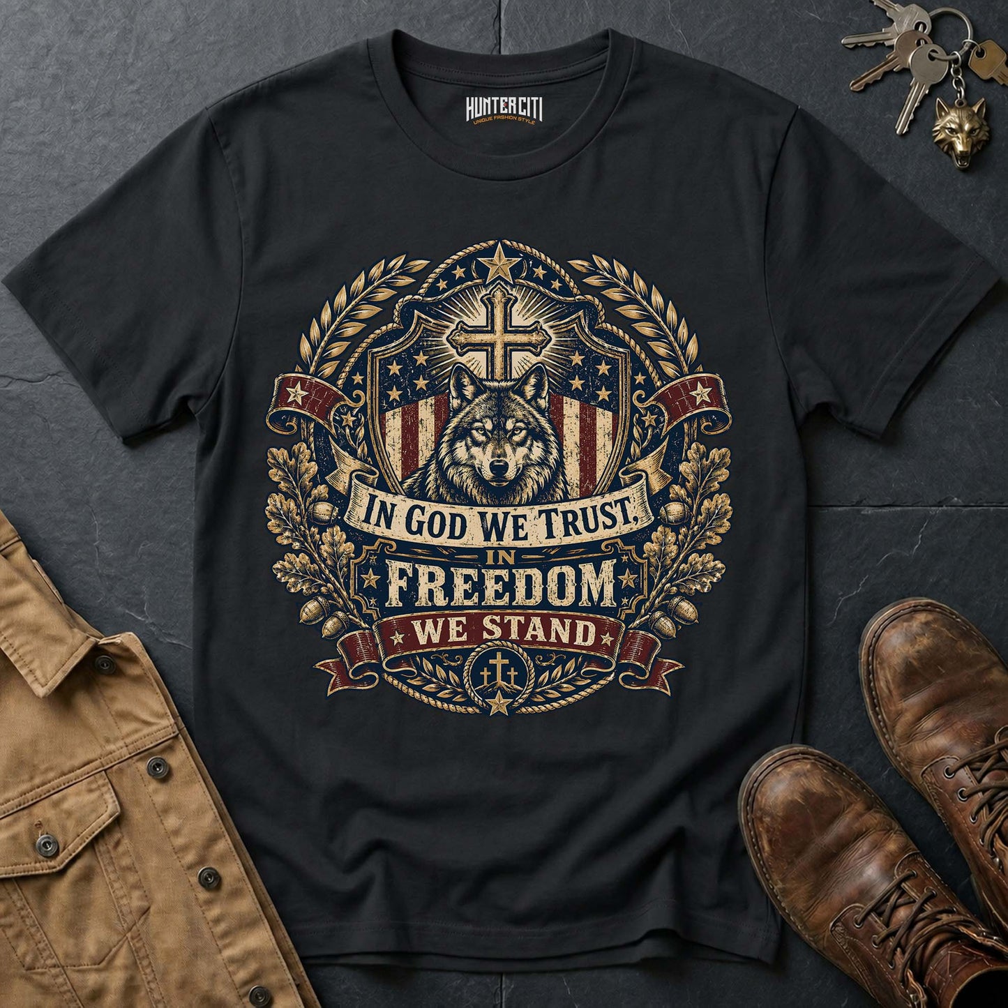 In God We Trust In Freedom We Stand Wolf Graphic Tee – Patriotic American T-Shirt