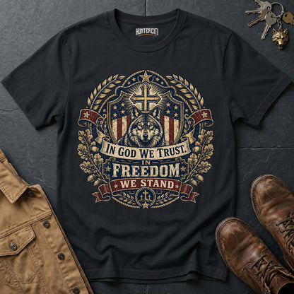 In God We Trust In Freedom We Stand Wolf Graphic Tee – Patriotic American T-Shirt