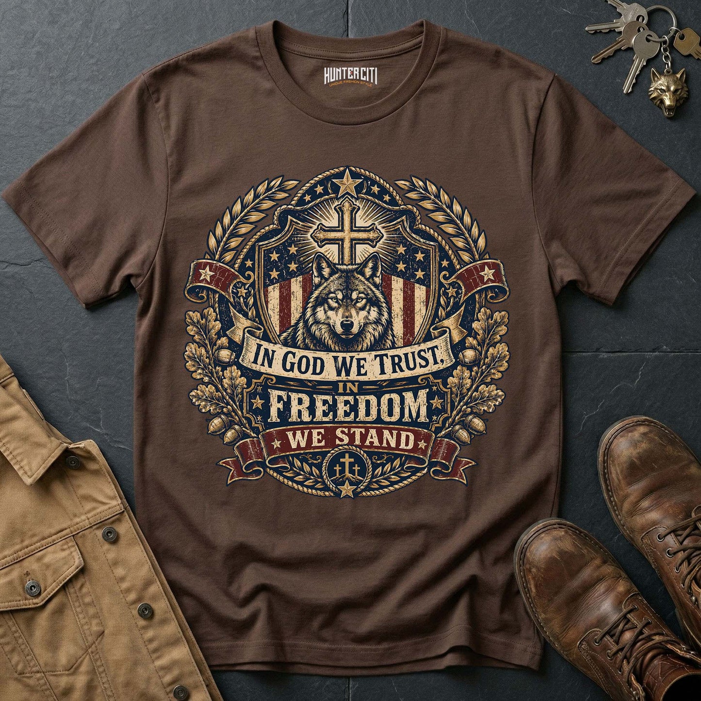 In God We Trust In Freedom We Stand Wolf Graphic Tee – Patriotic American T-Shirt