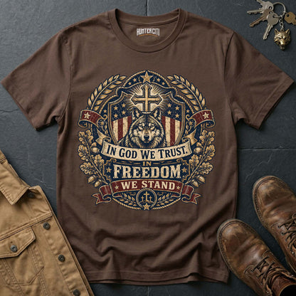In God We Trust In Freedom We Stand Wolf Graphic Tee – Patriotic American T-Shirt