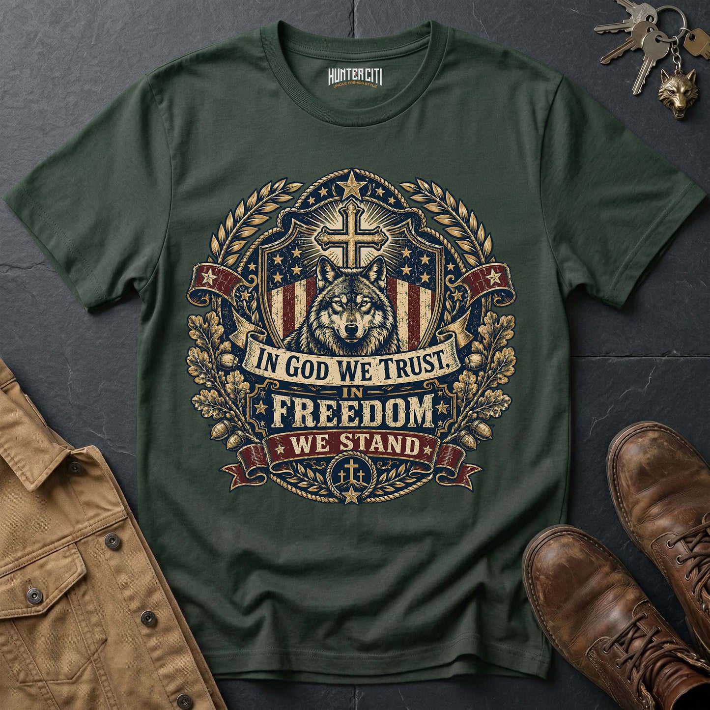 In God We Trust In Freedom We Stand Wolf Graphic Tee – Patriotic American T-Shirt