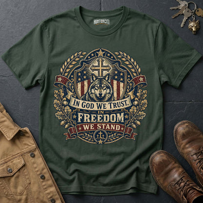 In God We Trust In Freedom We Stand Wolf Graphic Tee – Patriotic American T-Shirt
