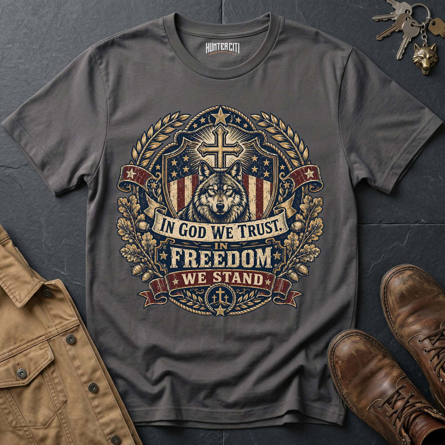 In God We Trust In Freedom We Stand Wolf Graphic Tee – Patriotic American T-Shirt