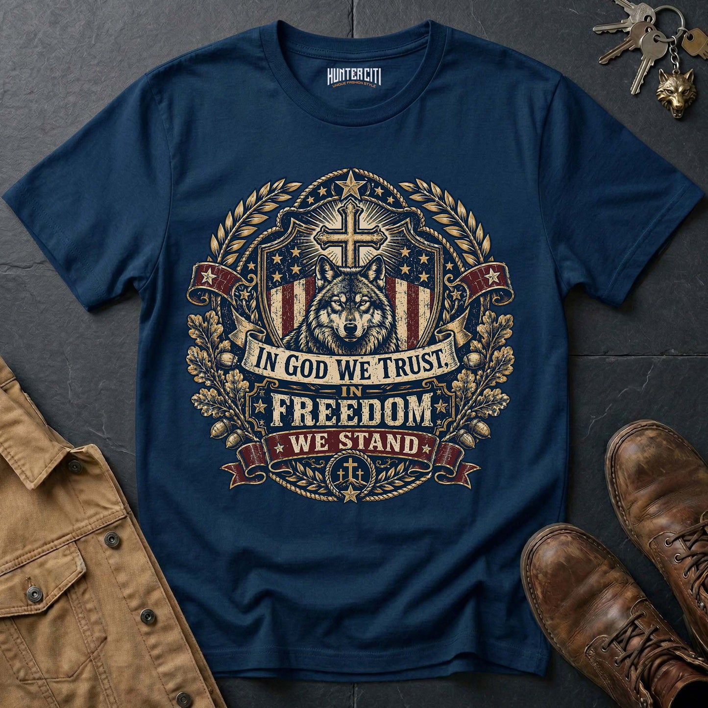 In God We Trust In Freedom We Stand Wolf Graphic Tee – Patriotic American T-Shirt