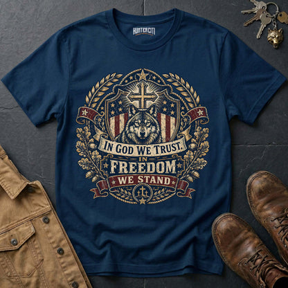 In God We Trust In Freedom We Stand Wolf Graphic Tee – Patriotic American T-Shirt