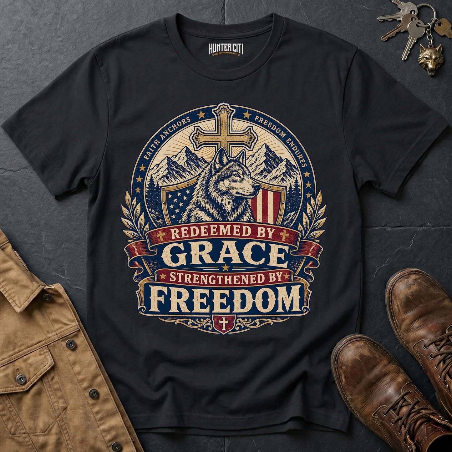 Redeemed by Grace Strengthened by Freedom Wolf T-Shirt - Christian Patriotic Wolf Graphic Tee USA Gift for Men