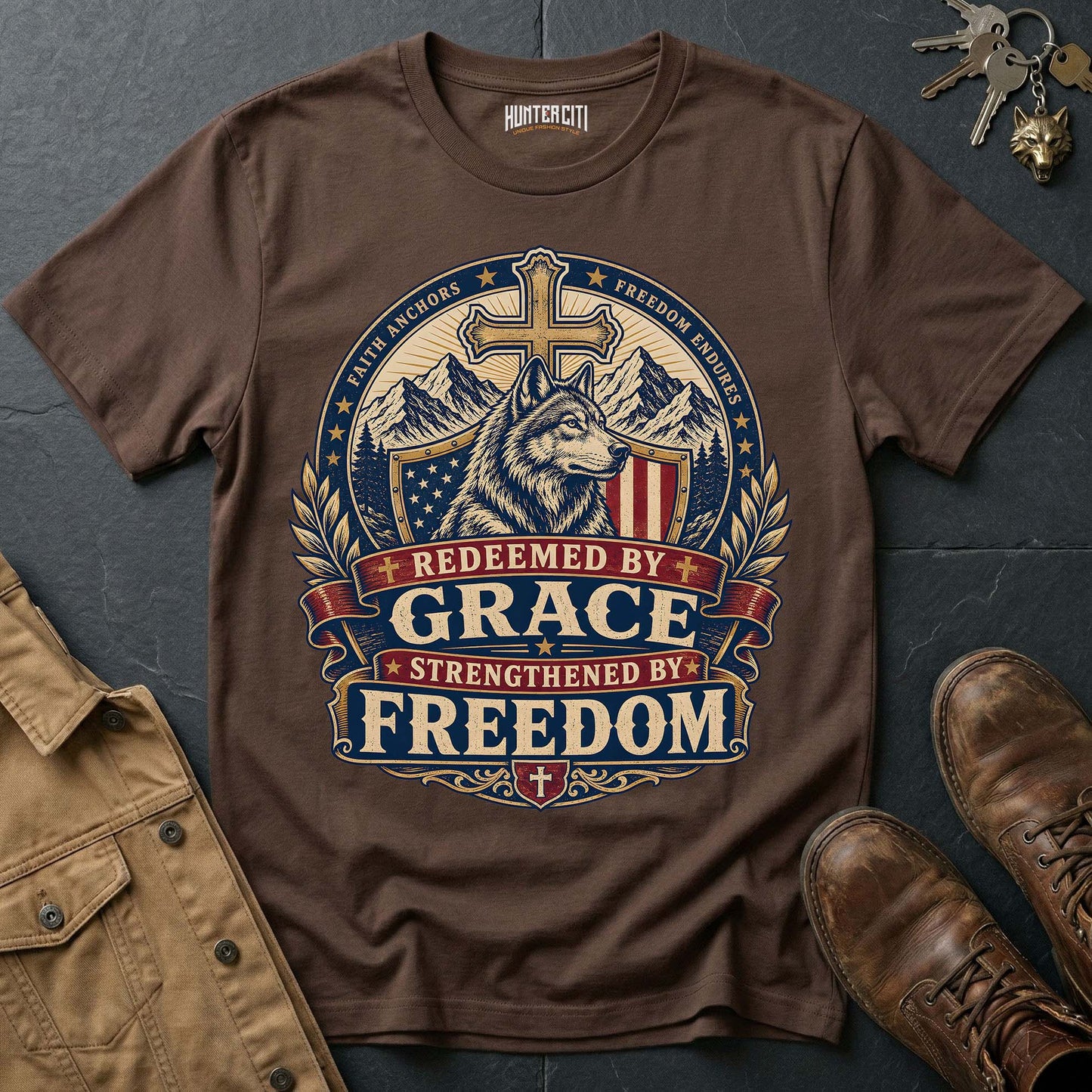 Redeemed by Grace Strengthened by Freedom Wolf T-Shirt - Christian Patriotic Wolf Graphic Tee USA Gift for Men