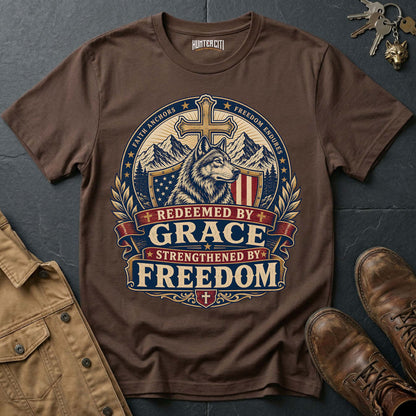 Redeemed by Grace Strengthened by Freedom Wolf T-Shirt - Christian Patriotic Wolf Graphic Tee USA Gift for Men